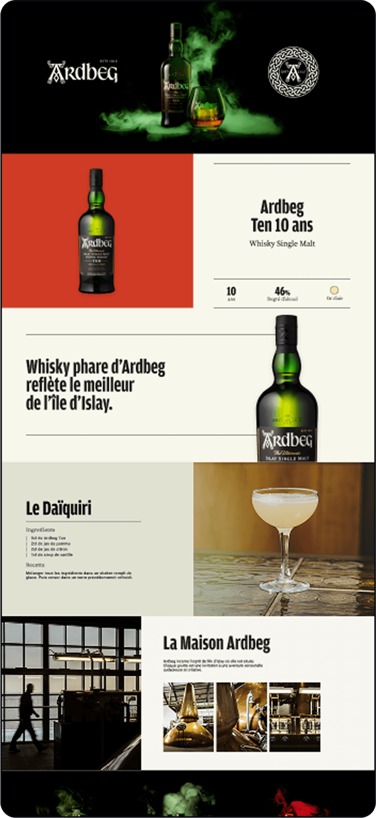 Superchouette- Une affiche promotionnelle pour le whisky Ardbeg présente des bouteilles, un cocktail, le logo Ardbeg, des descriptions en français et en anglais, ainsi que des images d'une distillerie avec des alambics en cuivre et des personnes à l'intérieur.