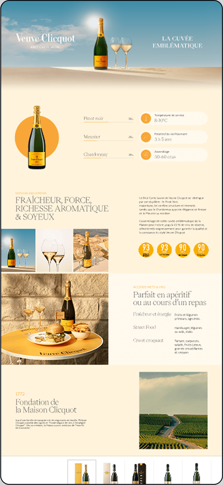 Superchouette- Une page de site web présentant le champagne Veuve Clicquot, avec une bouteille et deux verres en haut, des détails sur le produit, des notes de dégustation, des récompenses, des accords avec des mets, des images de vignobles et une section sur l'histoire en bas.