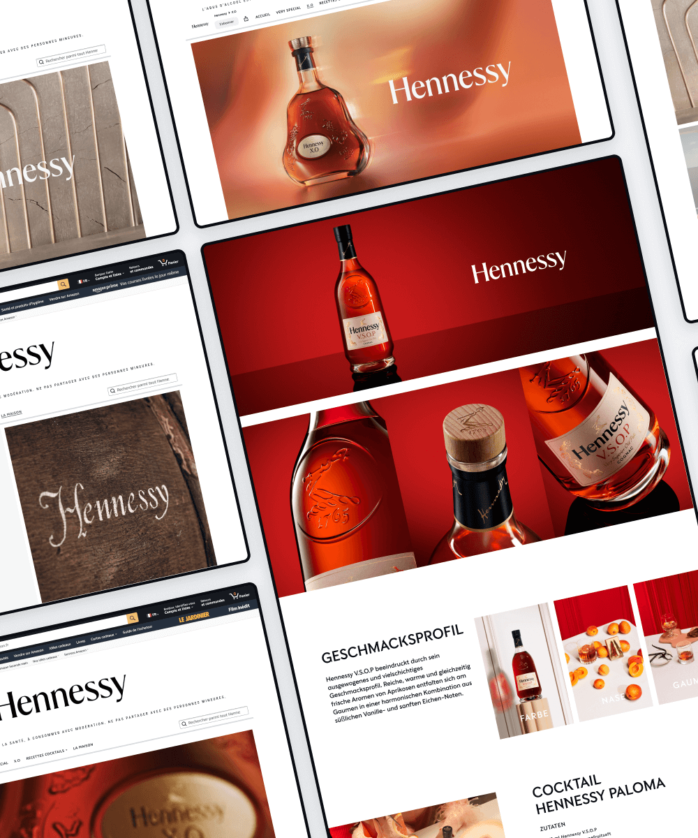 Superchouette- Collage de pages du site web de Hennessy, présentant des bouteilles de cognac, des logos de la marque et des recettes de cocktails sur des fonds élégants, principalement dans les tons or, rouge et blanc.