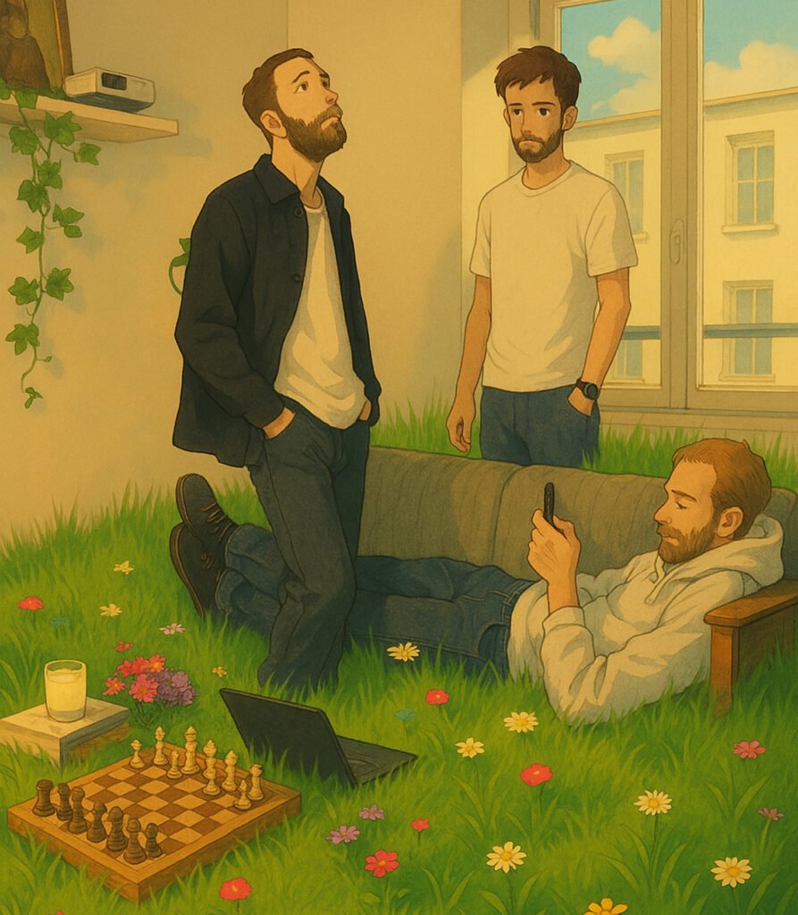 Superchouette- Trois hommes identiques se détendent dans un salon dont le sol est recouvert d'herbe et de fleurs. L'un d'eux se tient près d'une fenêtre, l'autre s'appuie sur un canapé et le troisième se prélasse en regardant son téléphone. Un échiquier, un verre de lait et un ordinateur portable se trouvent à proximité.